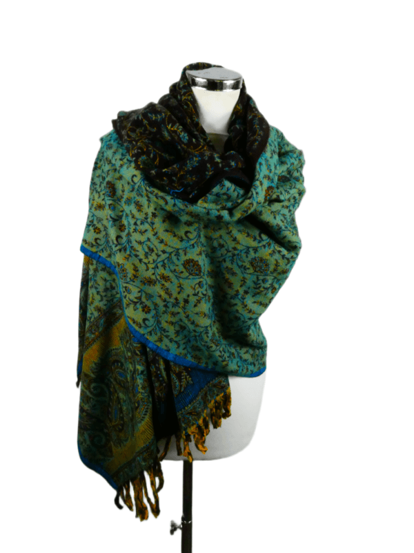 Yakwol Omslagdoek - Blauw, Groen, Oker - Afbeelding 9