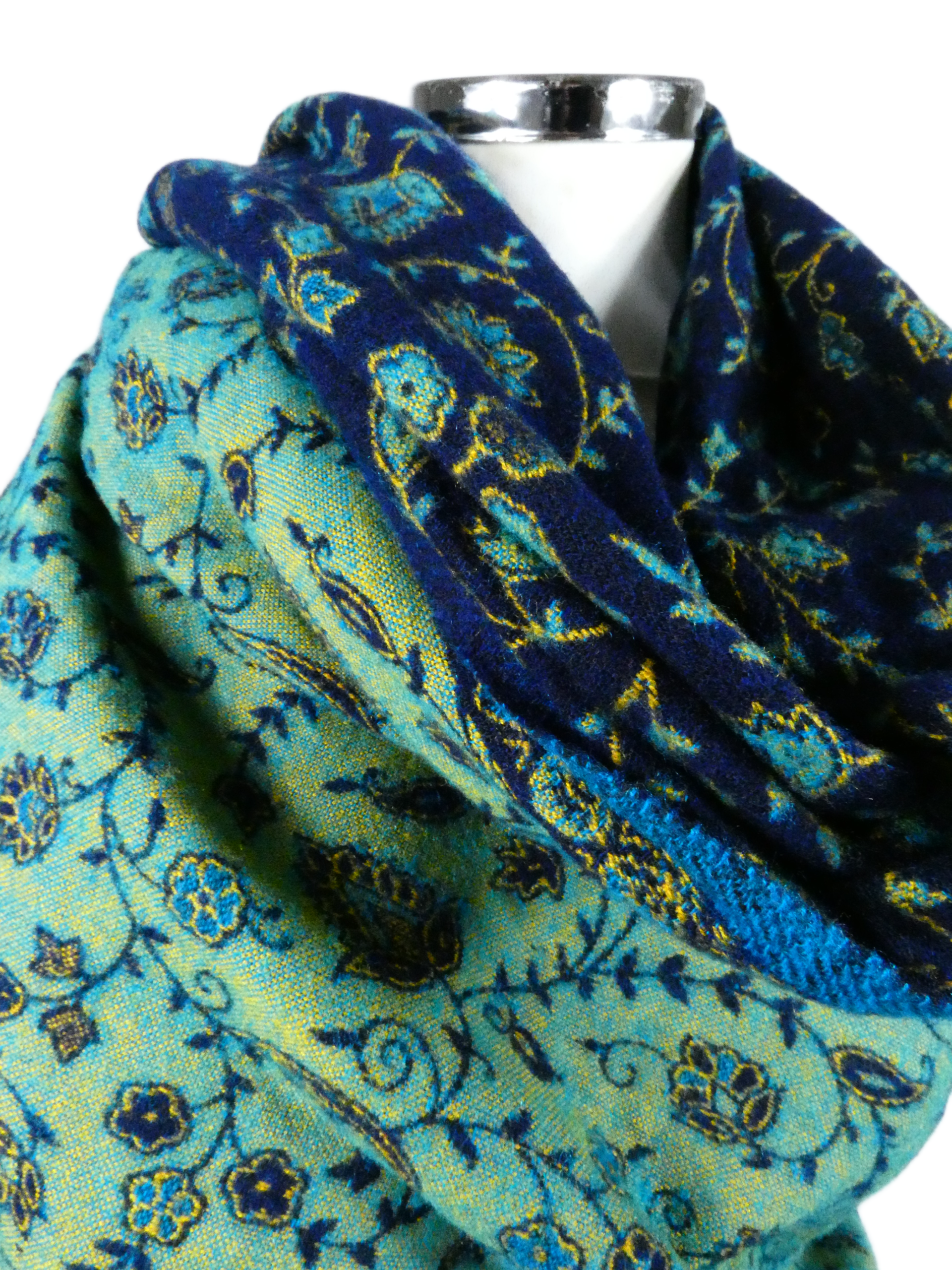 Yakwol Omslagdoek -Blauw, Oker, Turquoise - Afbeelding 4
