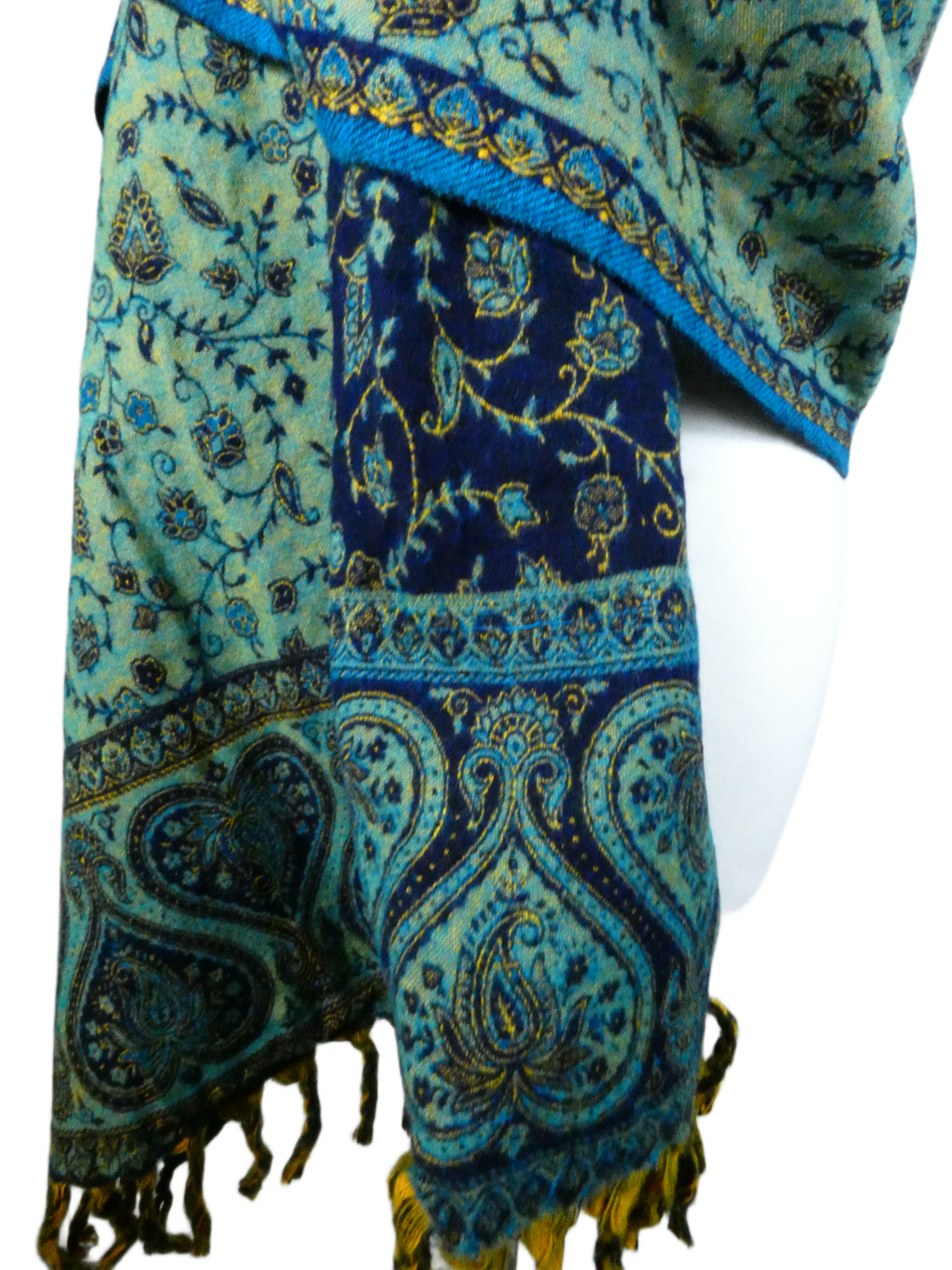 Yakwol Omslagdoek -Blauw, Oker, Turquoise - Afbeelding 5