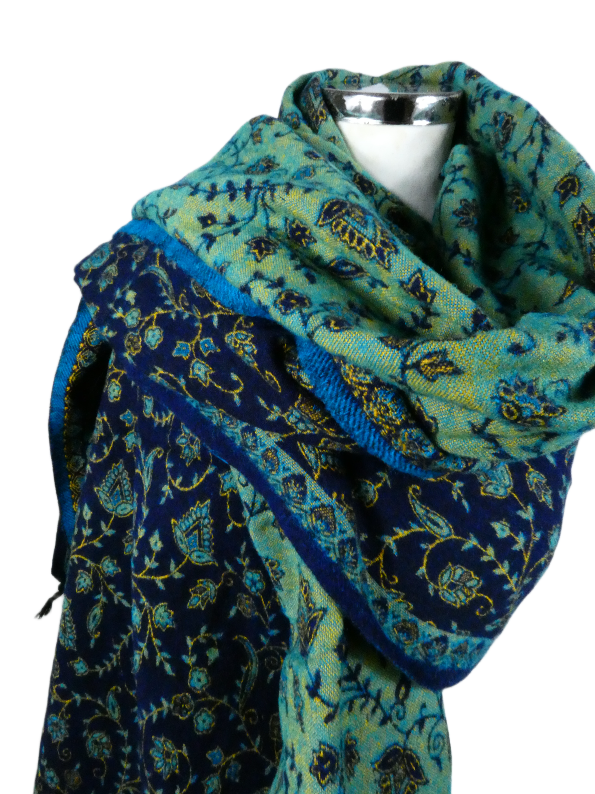 Yakwol Omslagdoek -Blauw, Oker, Turquoise - Afbeelding 7