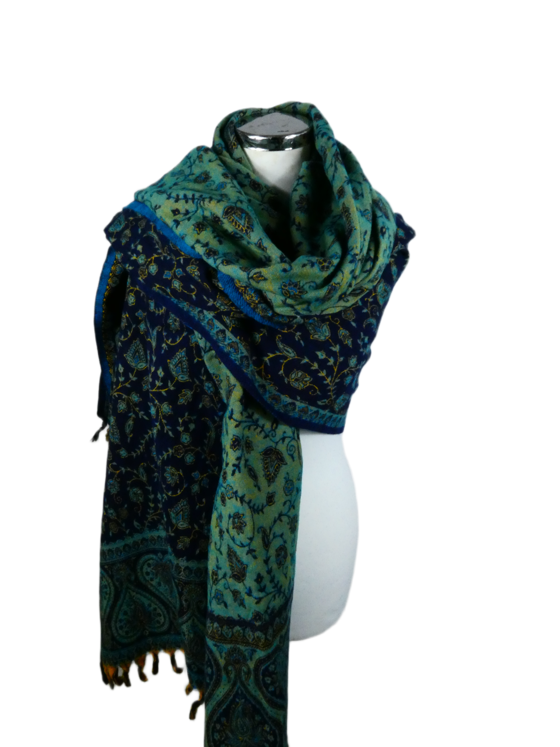 Yakwol Omslagdoek -Blauw, Oker, Turquoise - Afbeelding 10