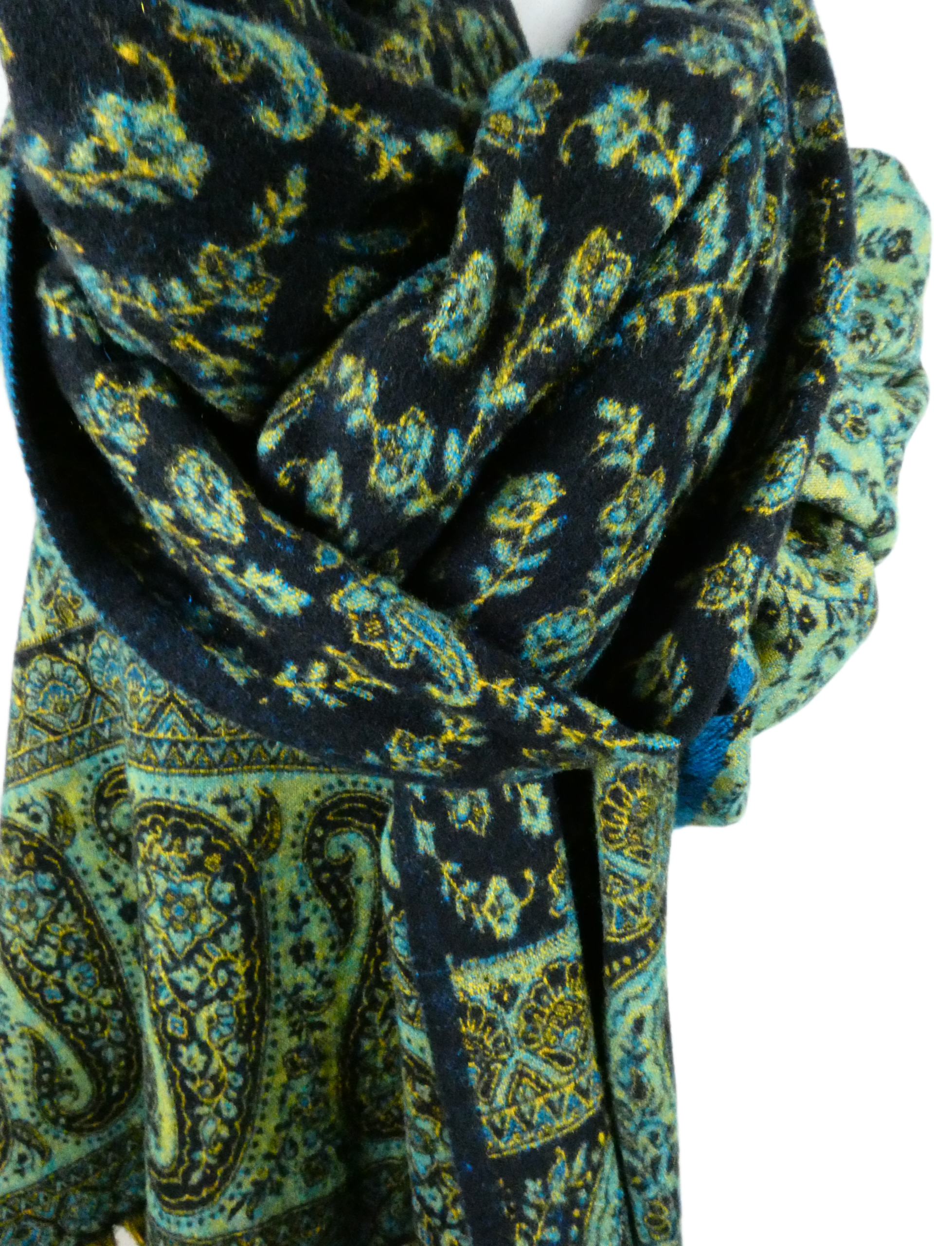 Yakwol Omslagdoek -Blauw, Oker, Turquoise - Afbeelding 6