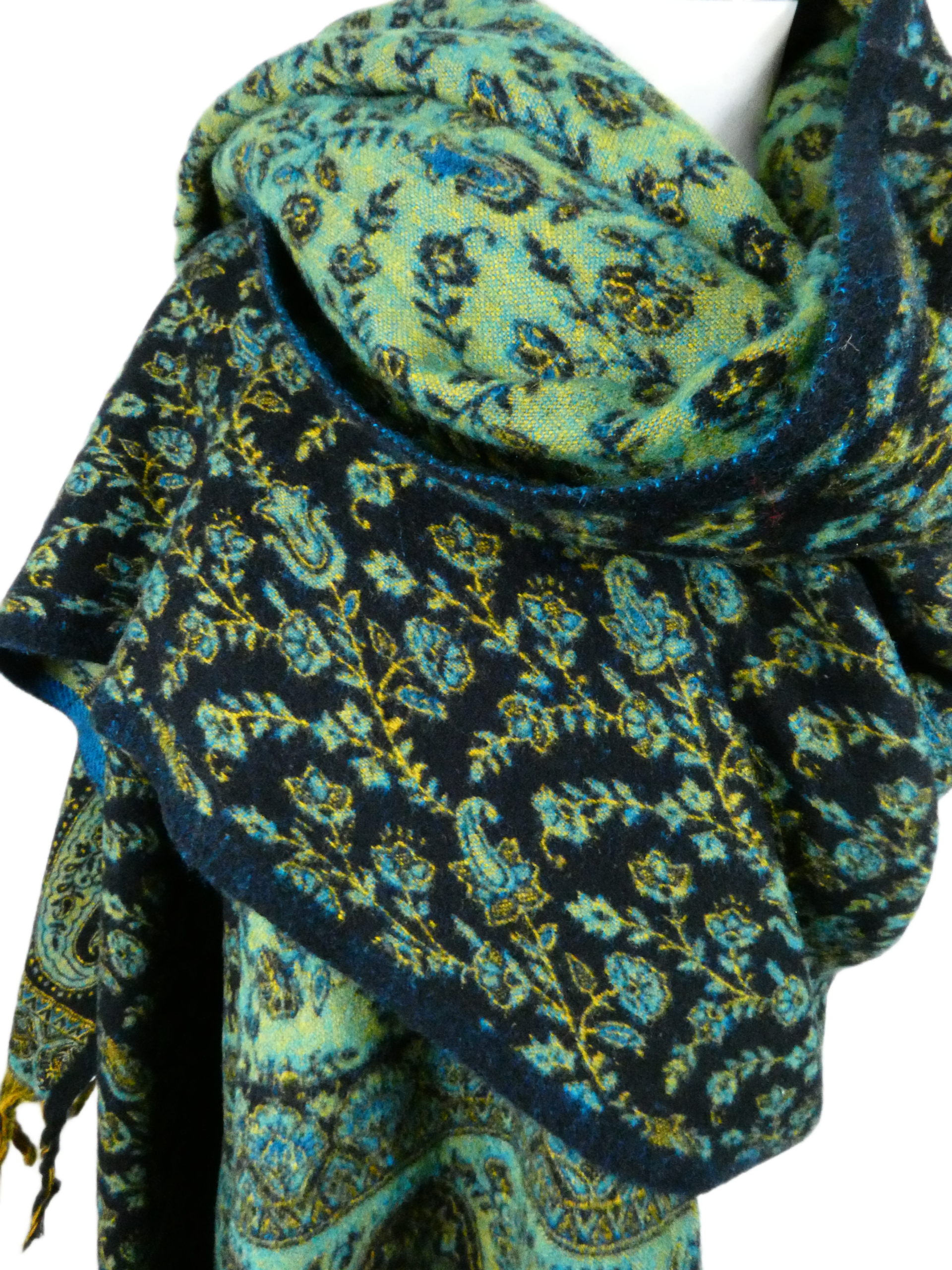 Yakwol Omslagdoek -Blauw, Oker, Turquoise - Afbeelding 9