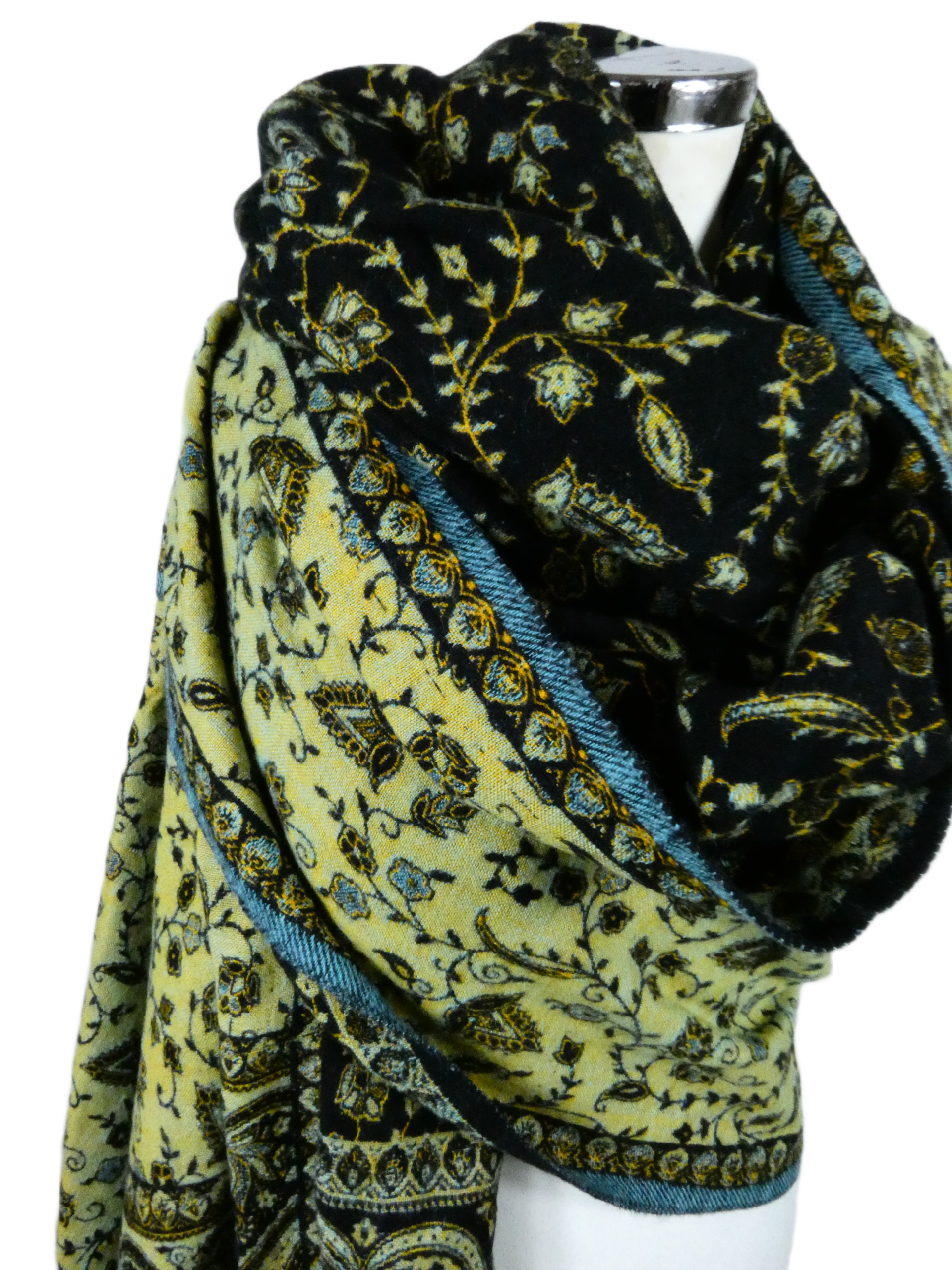 Yakwol Omslagdoek -Blauw, Bruin, Oker, Geel, Zwart - Afbeelding 4