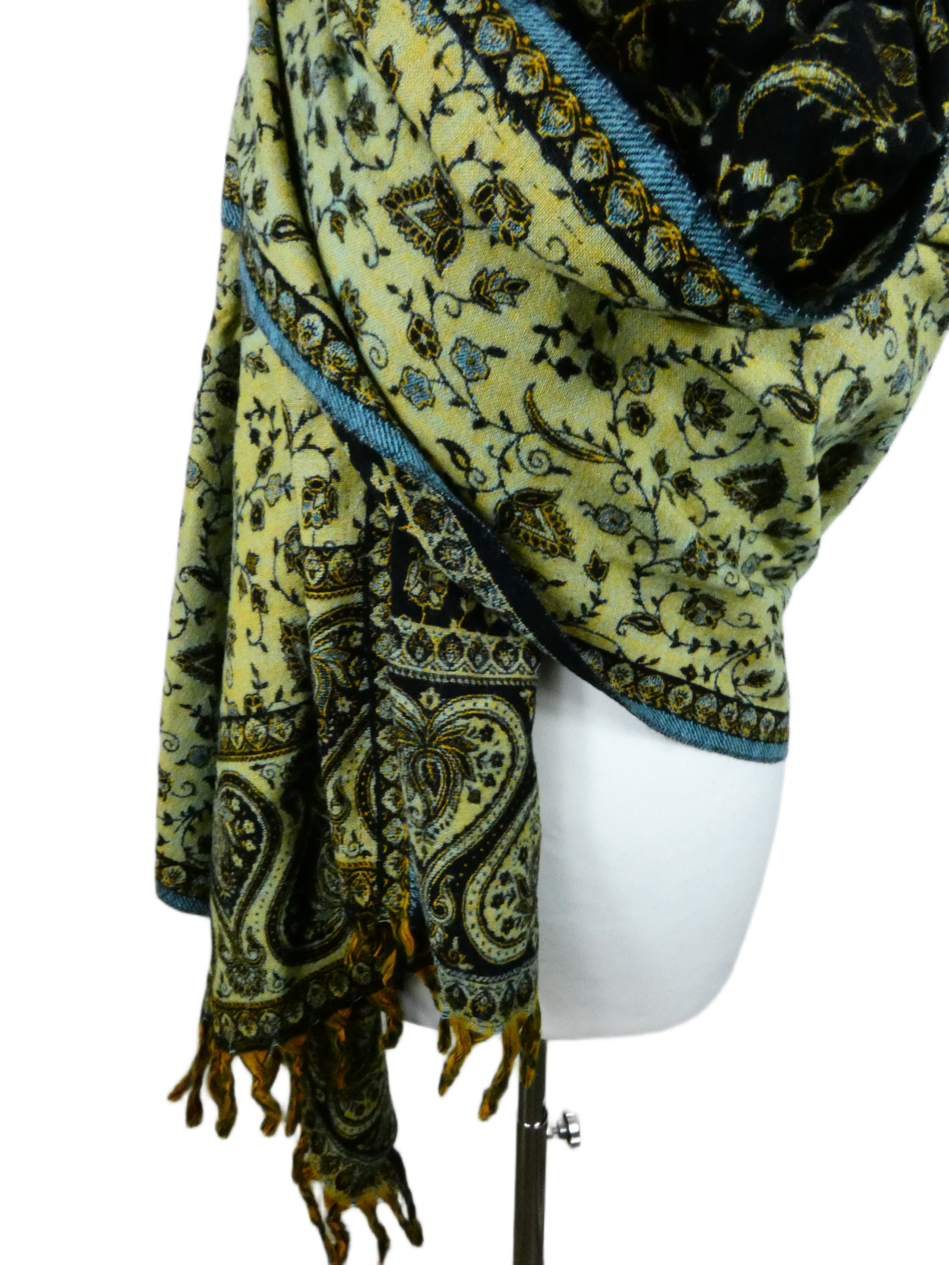 Yakwol Omslagdoek -Blauw, Bruin, Oker, Geel, Zwart - Afbeelding 5