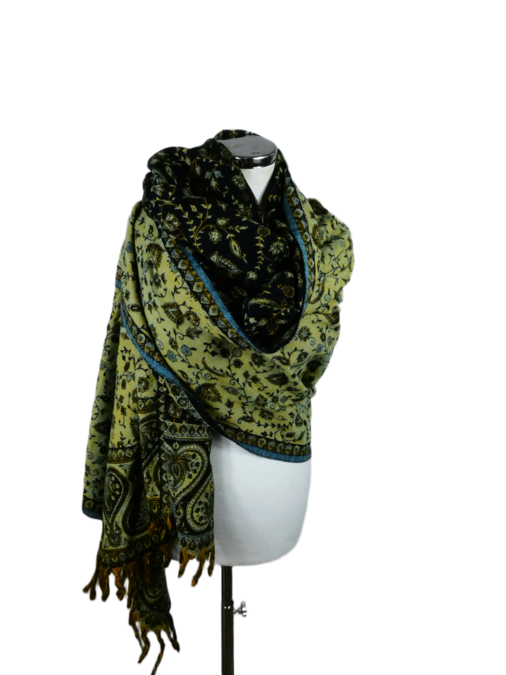 Yakwol Omslagdoek -Blauw, Bruin, Oker, Geel, Zwart - Afbeelding 6