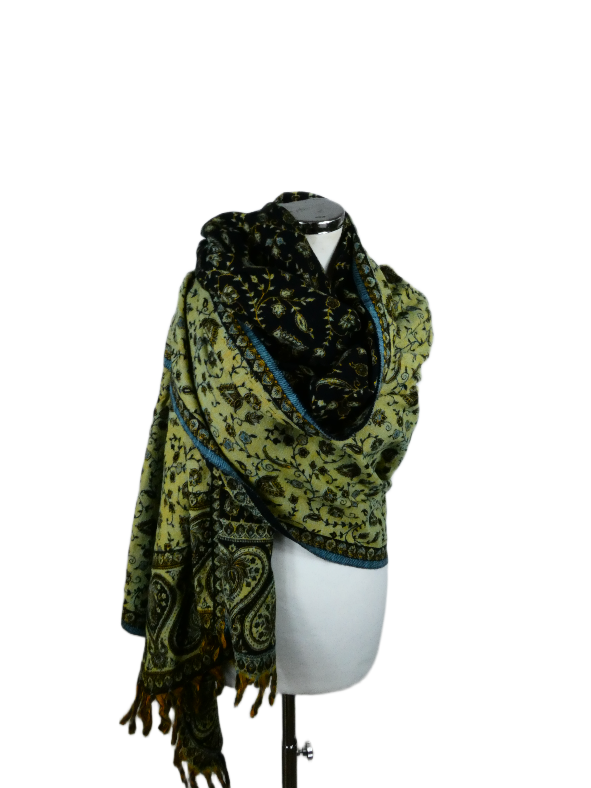 Yakwol Omslagdoek -Blauw, Bruin, Oker, Geel, Zwart - Afbeelding 7