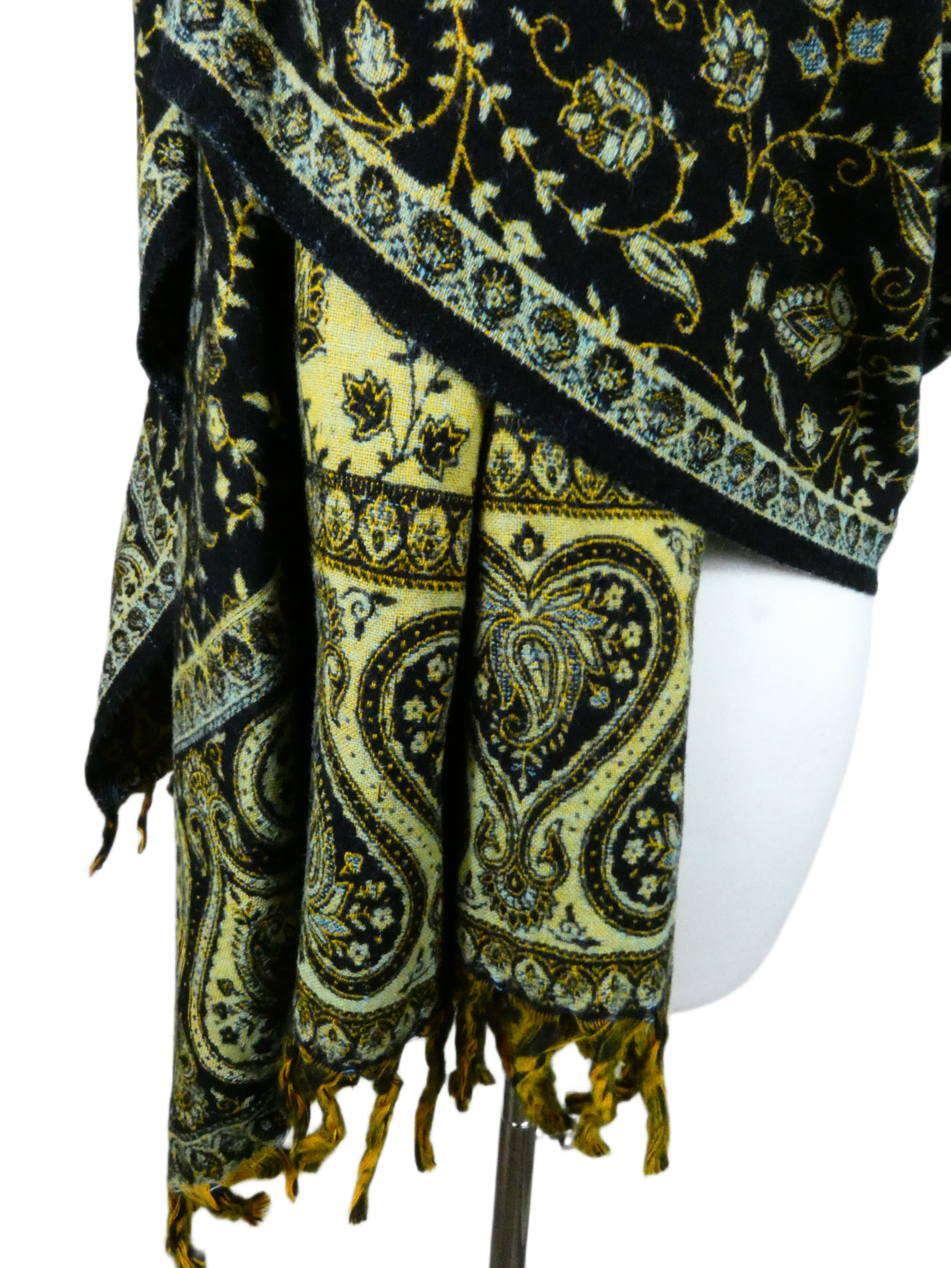 Yakwol Omslagdoek -Blauw, Bruin, Oker, Geel, Zwart - Afbeelding 10