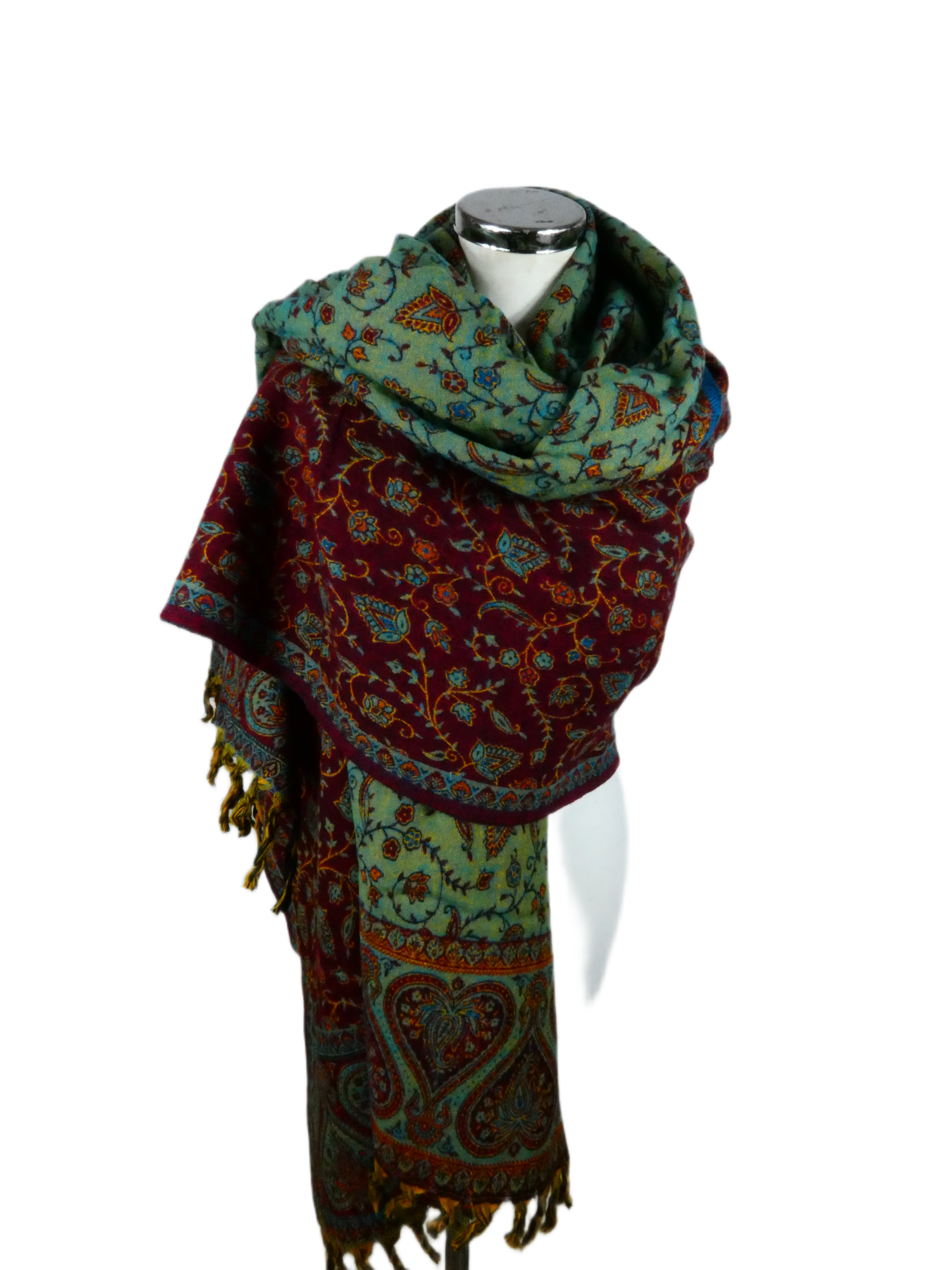 Yakwol Omslagdoek -Blauw, Oker, Rood, Turquoise - Afbeelding 11