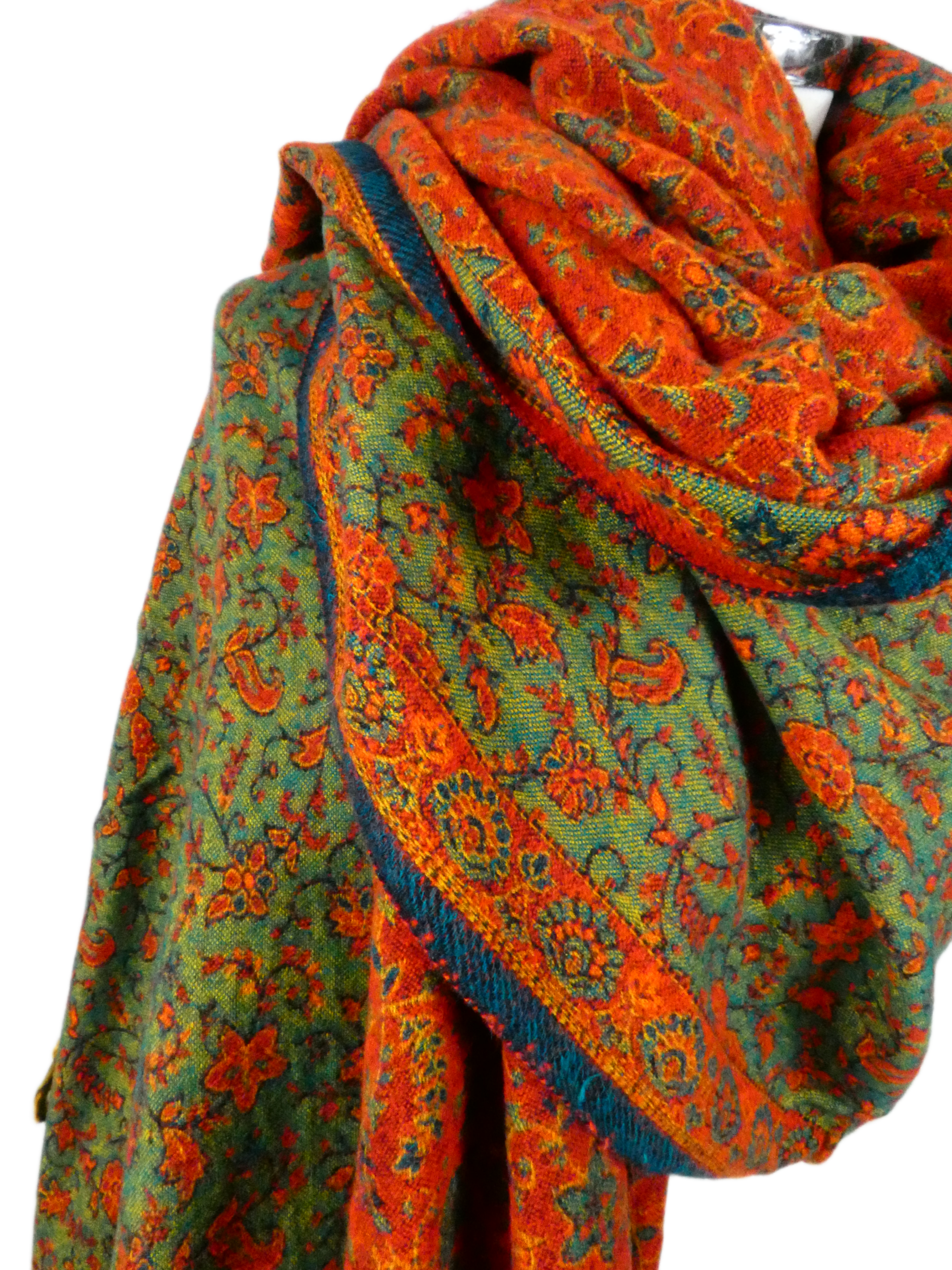 Yakwol Omslagdoek -Groen, Oker, Oranje - Afbeelding 5